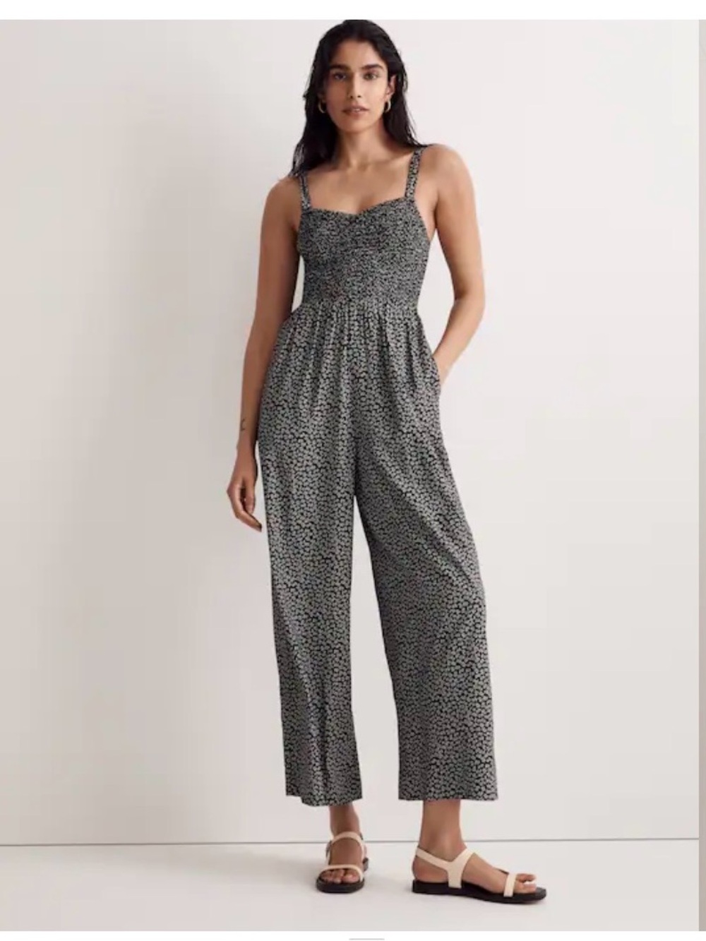 Madewell Black Floral Smocked Wide-Leg Jumpsuit